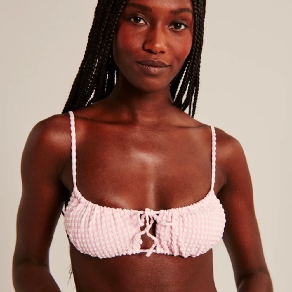 Abercrombie Cinched Bralette Swim Top in Pink Checkered Pattern